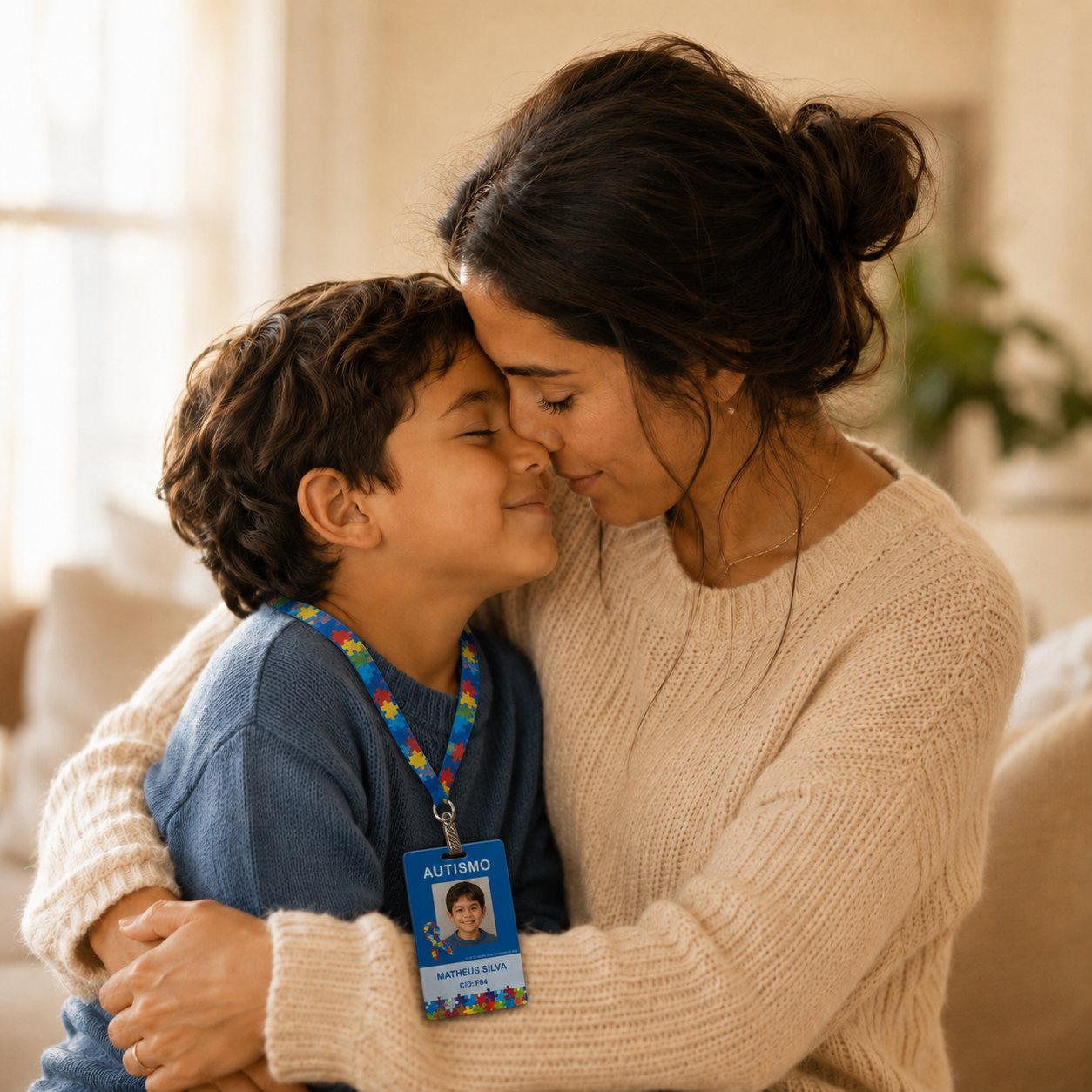 Mãe e filho juntos, em um momento de carinho